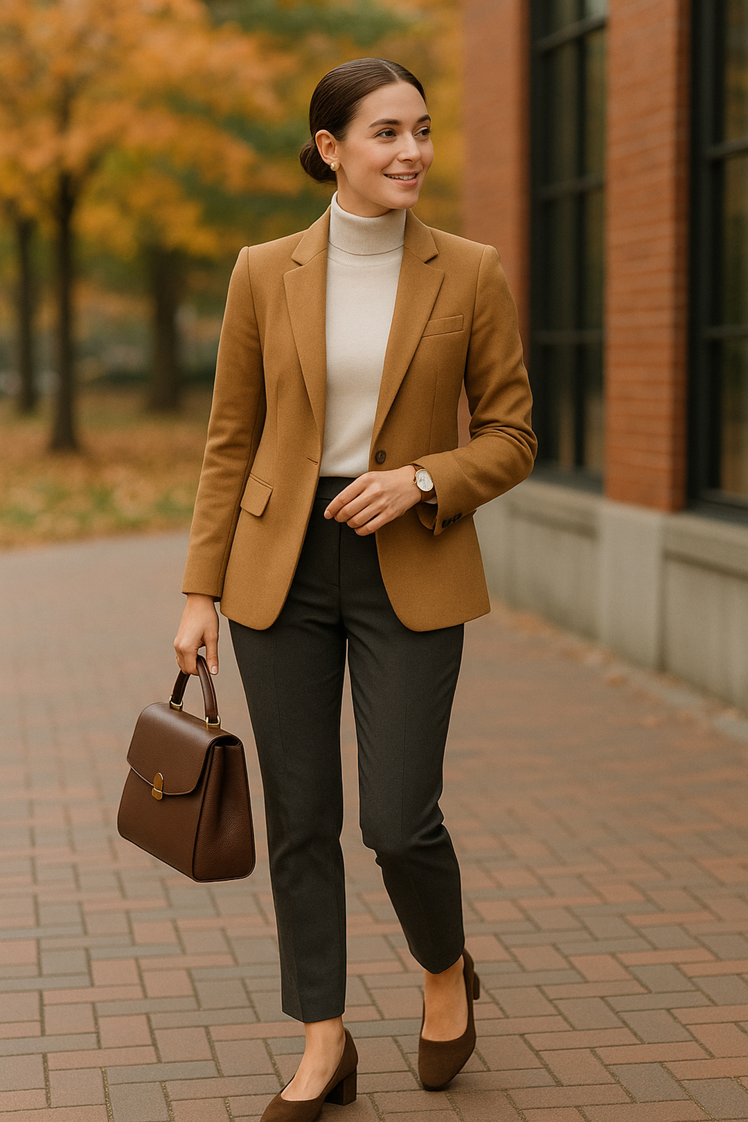 Women’s early fall smart-casual outfit with camel blazer, ivory knit, charcoal pants, suede pumps, and a brown top-handle bag